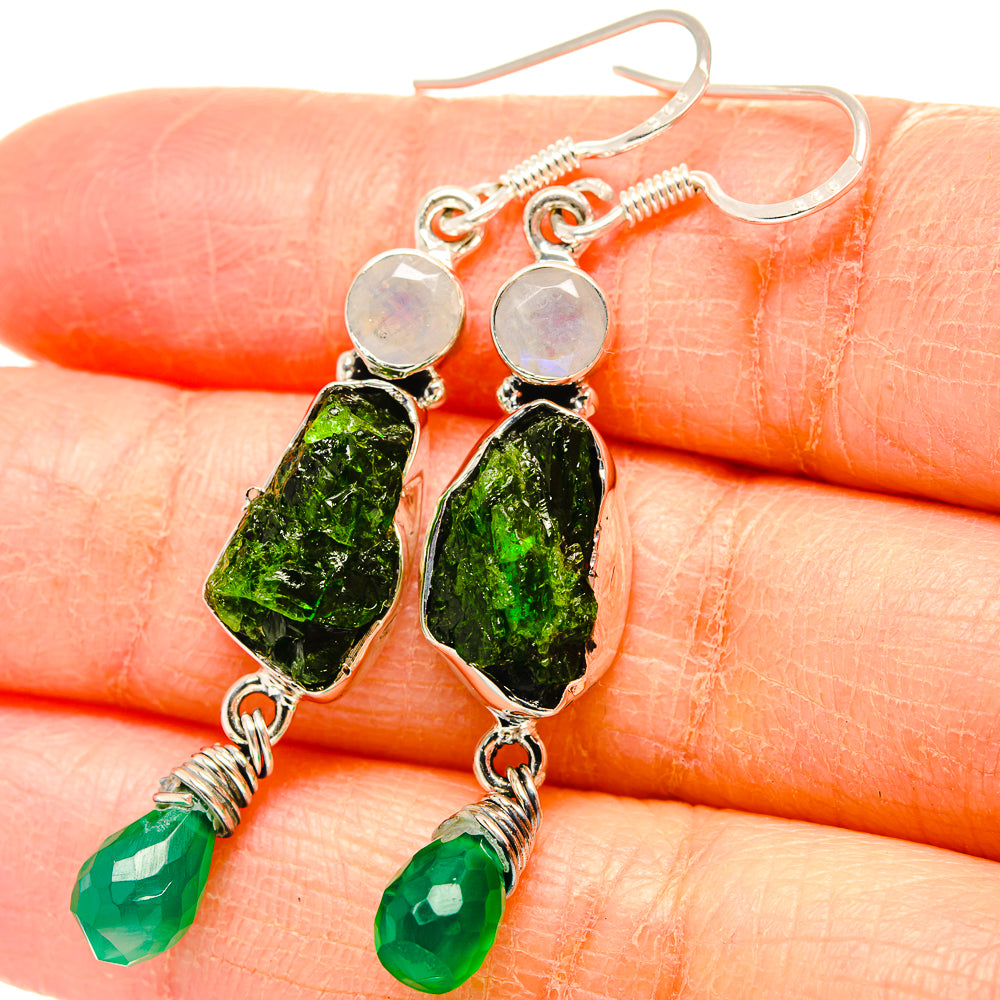 Chrome Diopside, Green Onyx, Rainbow Moonstone Earrings handcrafted by Anasilvercos - EARR431447