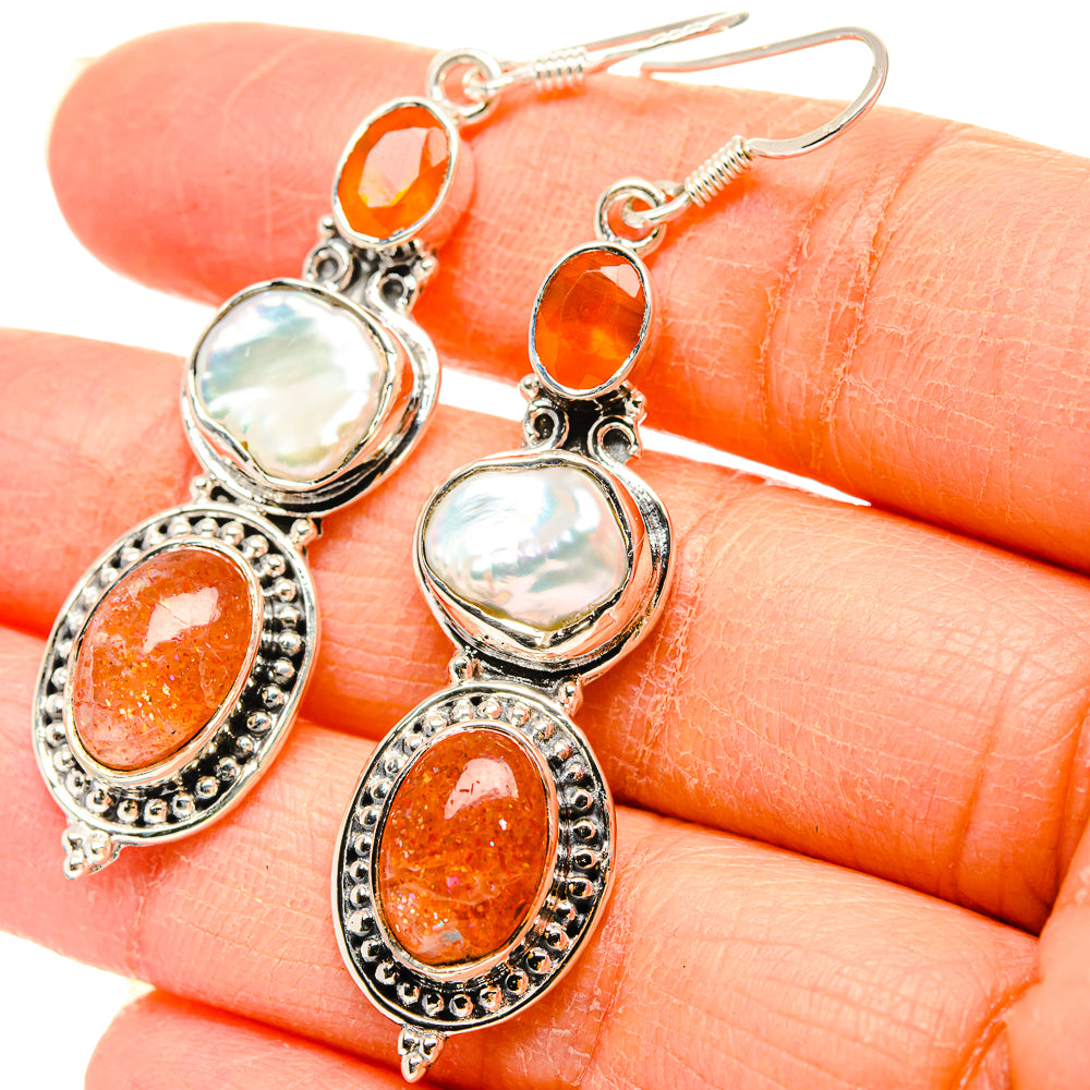 Sunstone, Mother Of Pearl, Carnelian Earrings handcrafted by Anasilvercos - EARR431451