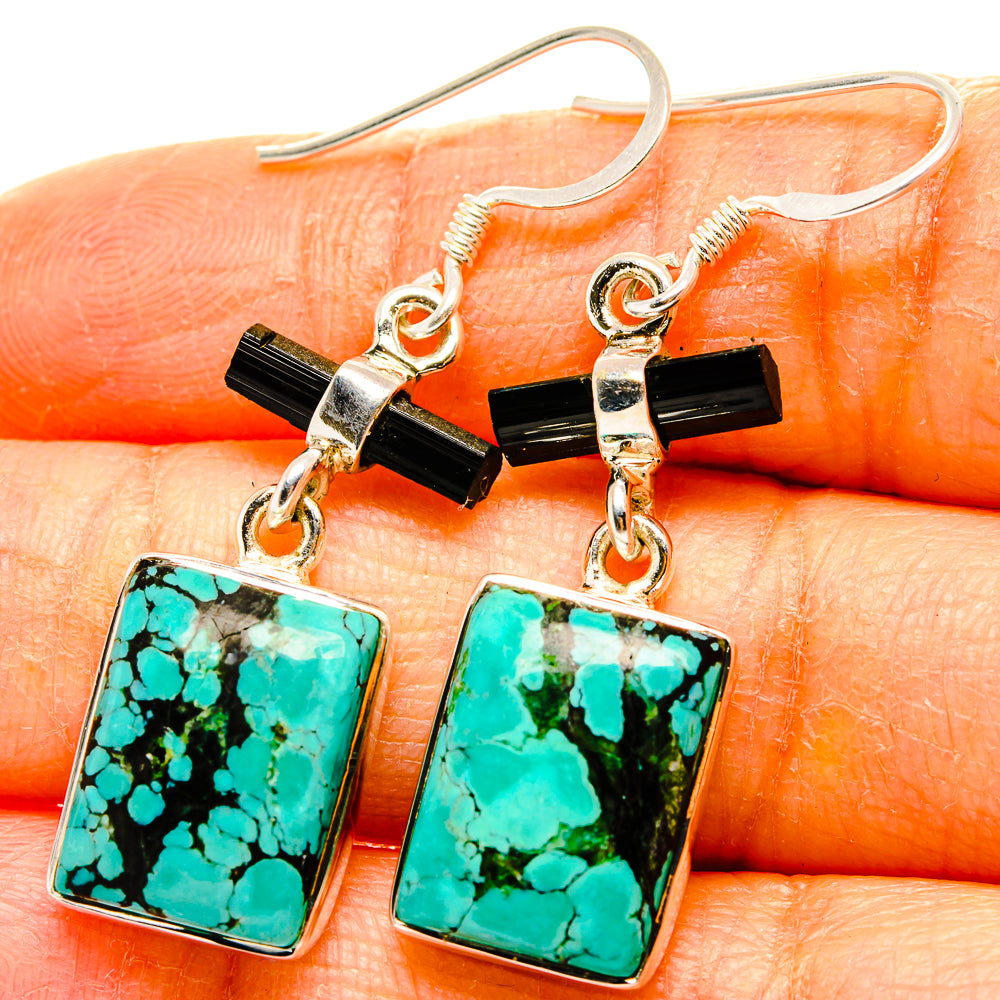 Tibetan Turquoise, Black Onyx Earrings handcrafted by Anasilvercos - EARR431536