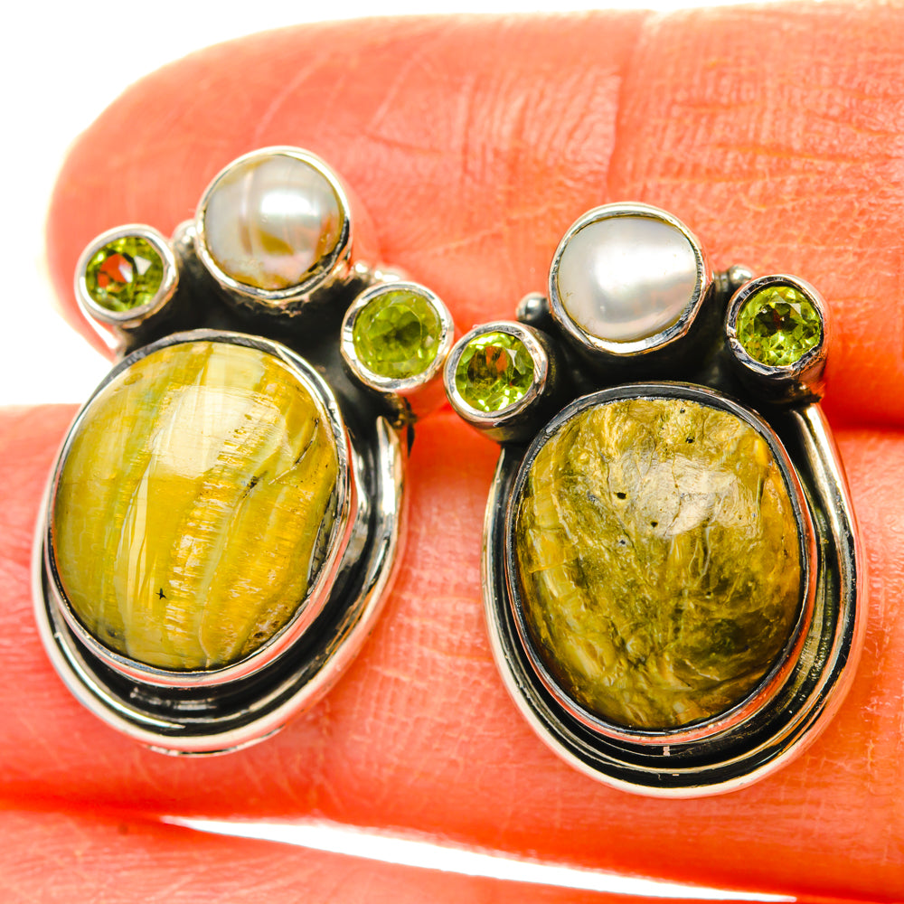 African Green Opal, Peridot, Cultured Pearl Earrings handcrafted by Anasilvercos - EARR428551