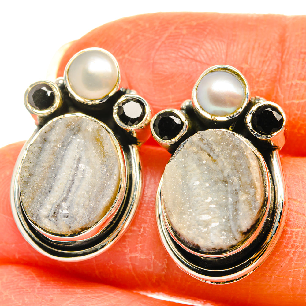 Desert Druzy, Black Onyx, Cultured Pearl Earrings handcrafted by Anasilvercos - EARR428576