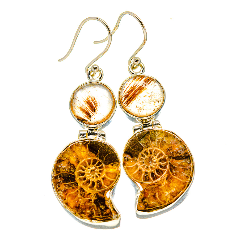 Ammonite Fossil, Rutilated Quartz Earrings handcrafted by Anasilvercos - EARR416313
