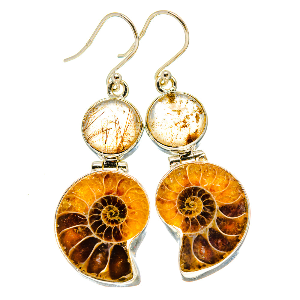 Ammonite Fossil, Rutilated Quartz Earrings handcrafted by Anasilvercos - EARR416333