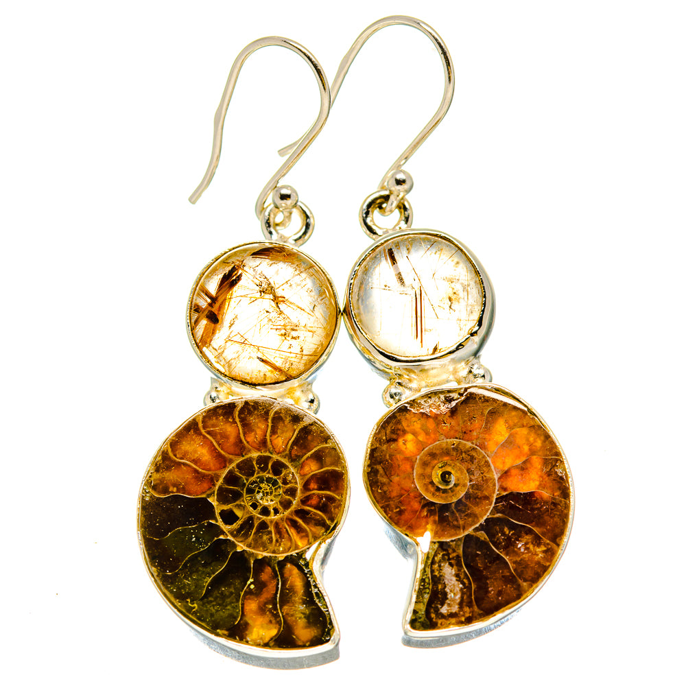 Ammonite Fossil, Rutilated Quartz Earrings handcrafted by Anasilvercos - EARR416336