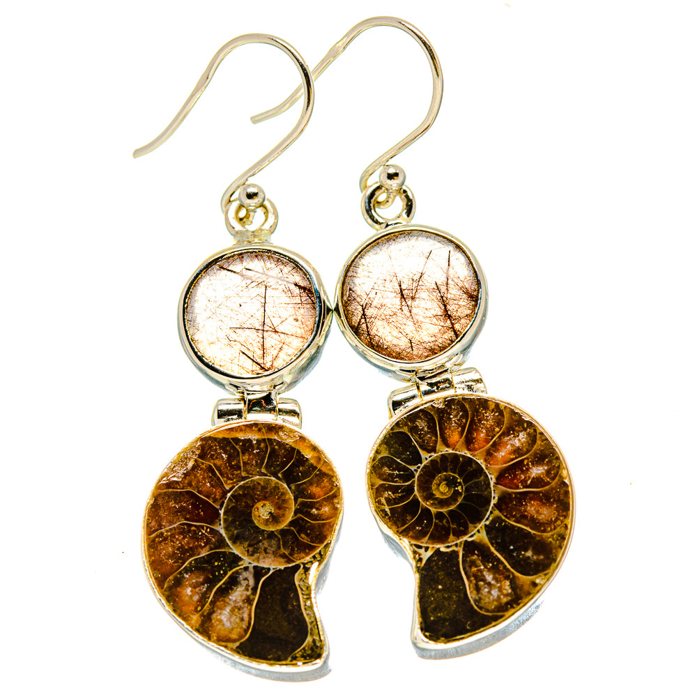 Ammonite Fossil, Rutilated Quartz Earrings handcrafted by Anasilvercos - EARR416337
