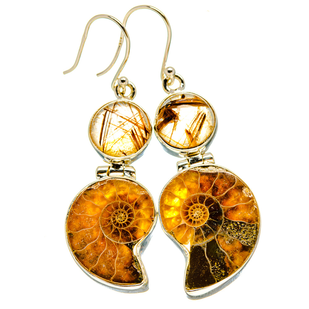 Ammonite Fossil, Rutilated Quartz Earrings handcrafted by Anasilvercos - EARR416339