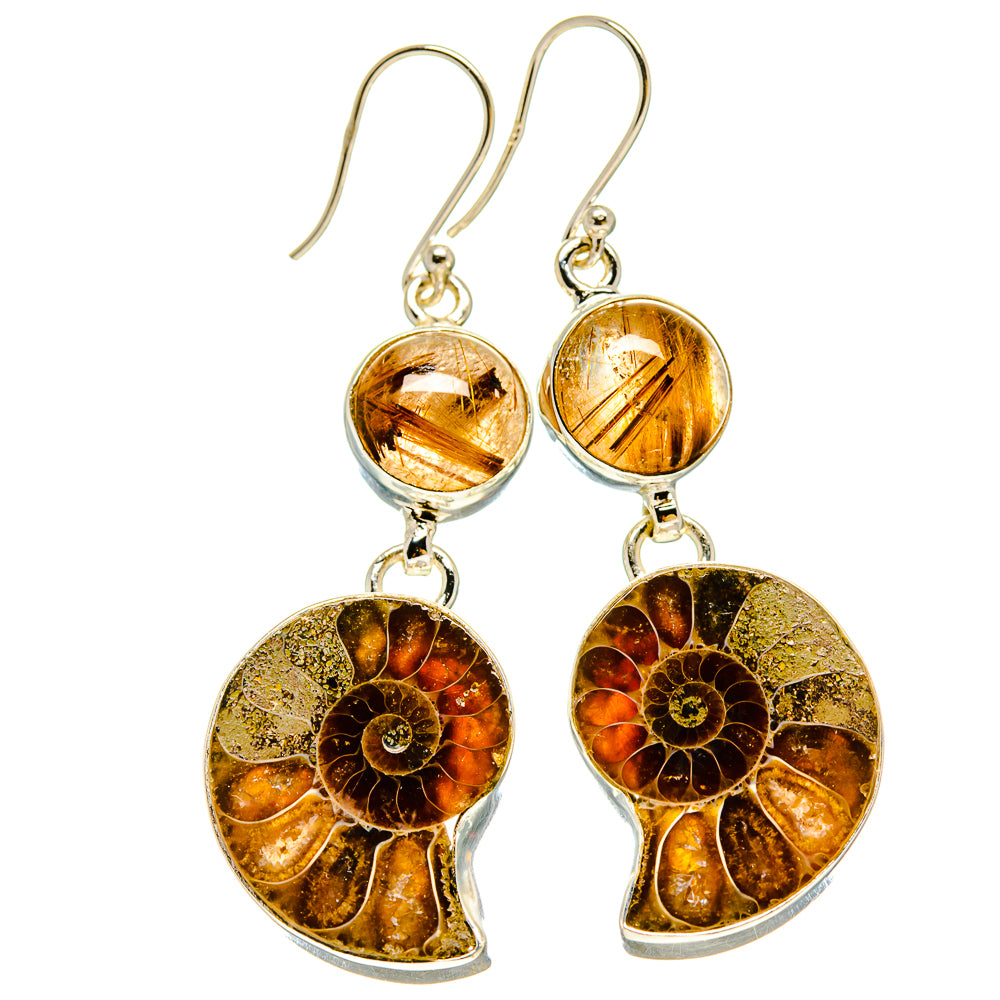 Ammonite Fossil, Rutilated Quartz Earrings handcrafted by Anasilvercos - EARR416343