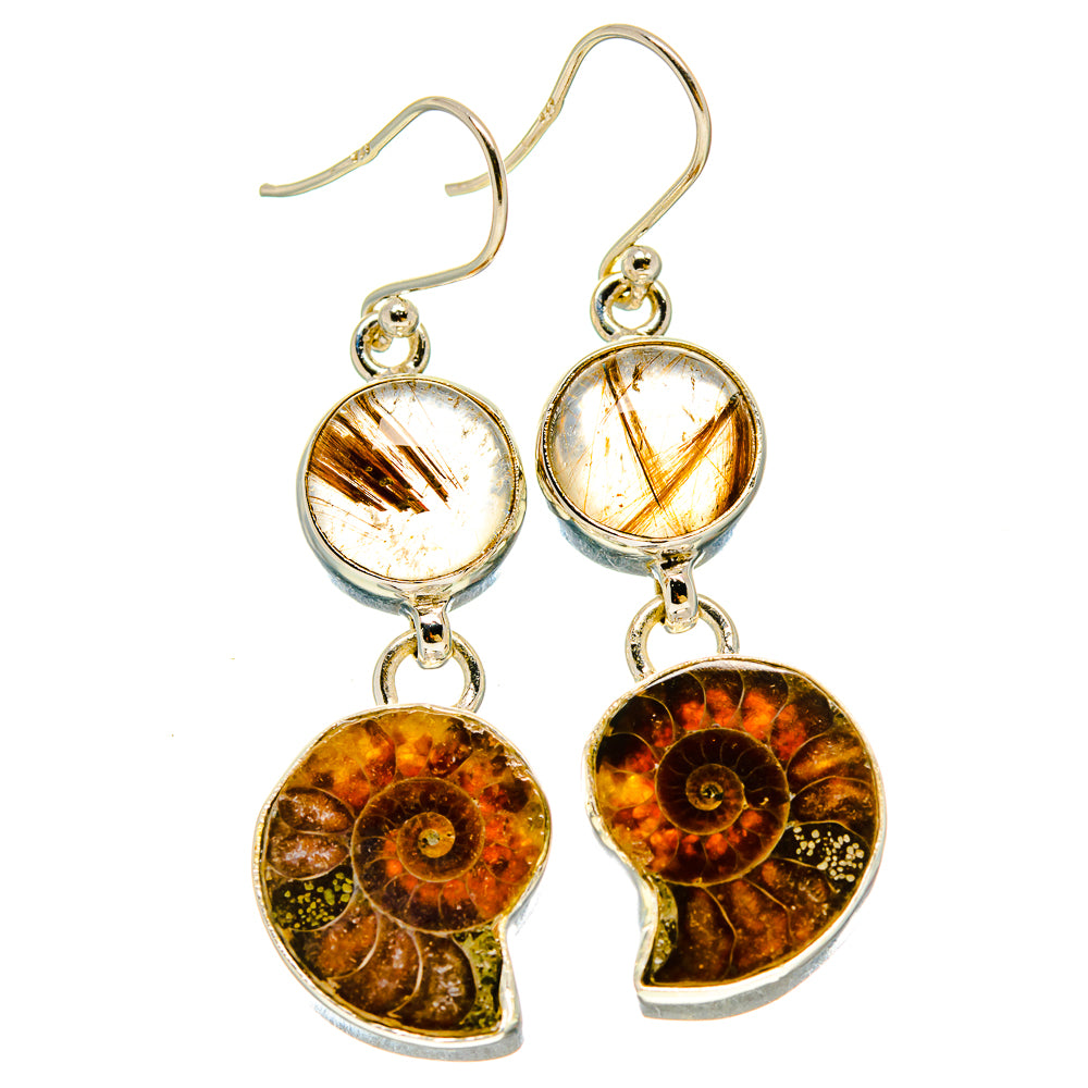 Ammonite Fossil, Rutilated Quartz Earrings handcrafted by Anasilvercos - EARR416347
