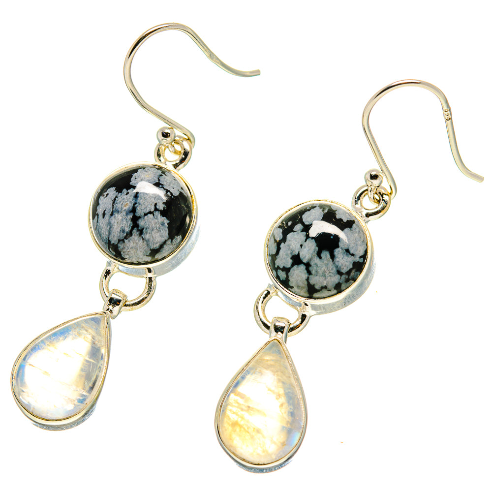 Snowflake Obsidian, Rainbow Moonstone Earrings handcrafted by Anasilvercos - EARR416818