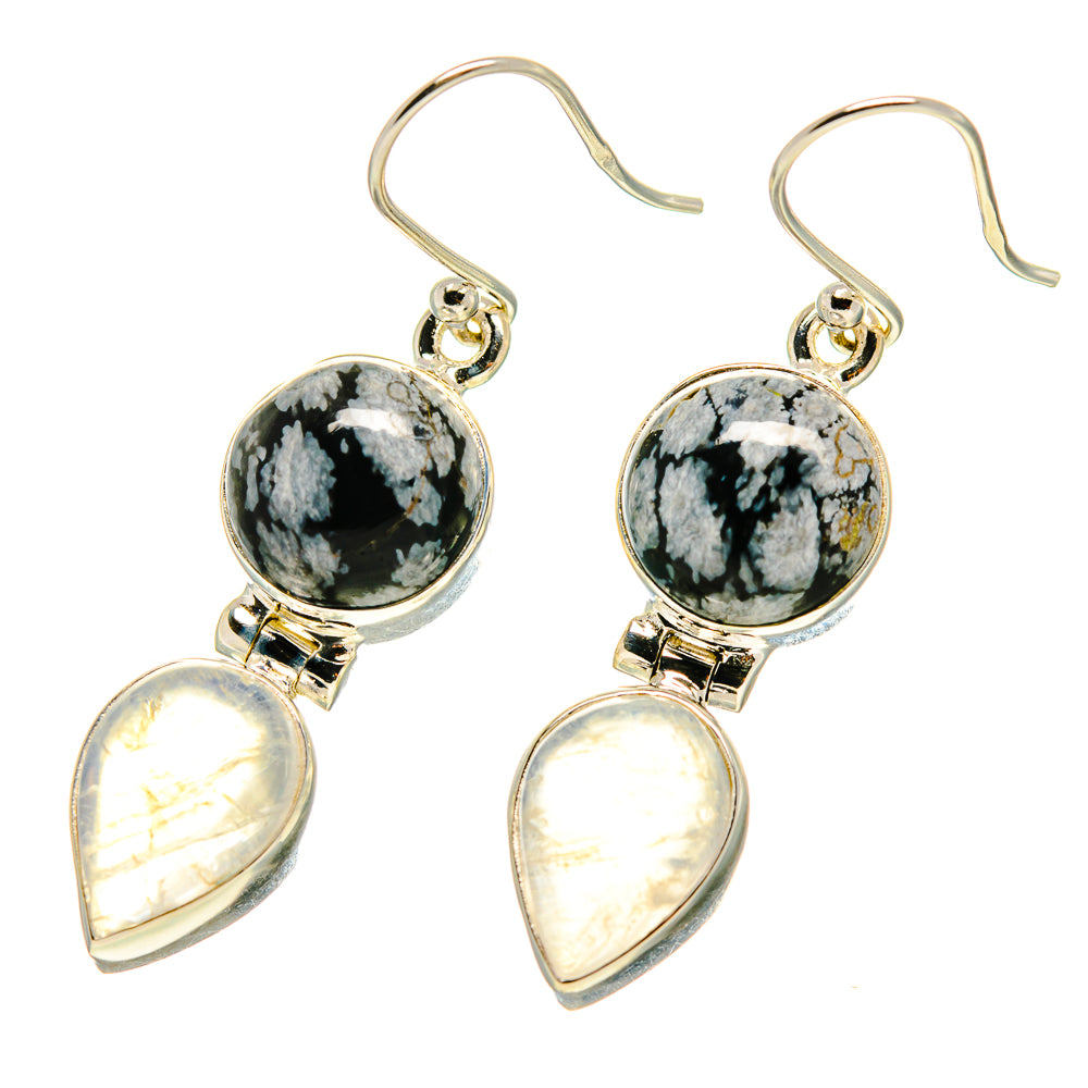 Snowflake Obsidian, Rainbow Moonstone Earrings handcrafted by Anasilvercos - EARR416821