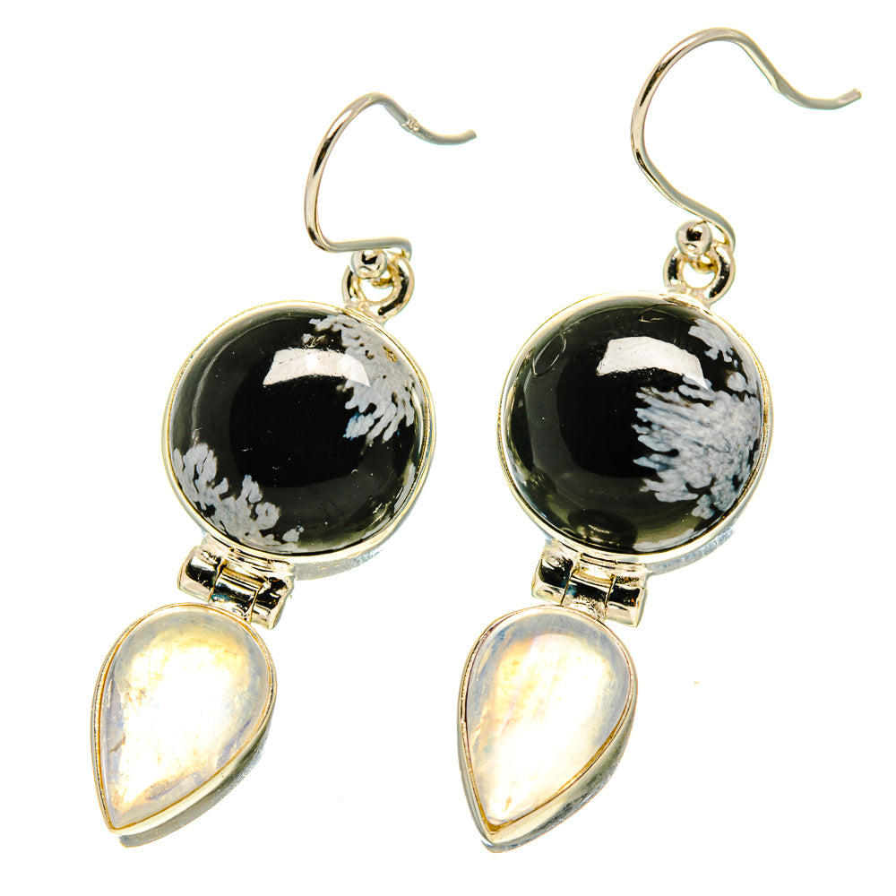 Snowflake Obsidian, Rainbow Moonstone Earrings handcrafted by Anasilvercos - EARR416854