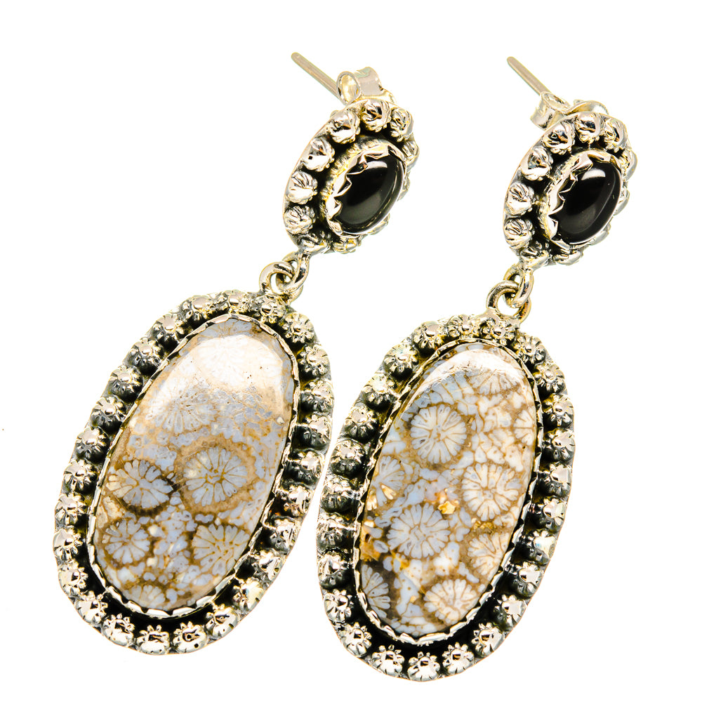 Fossil Coral, Black Onyx Earrings handcrafted by Anasilvercos - EARR420959