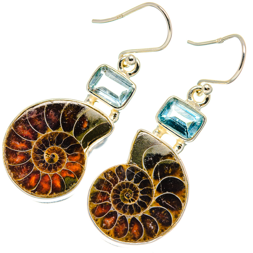 Ammonite Fossil, Blue Topaz Earrings handcrafted by Anasilvercos - EARR424677 - Photo 2
