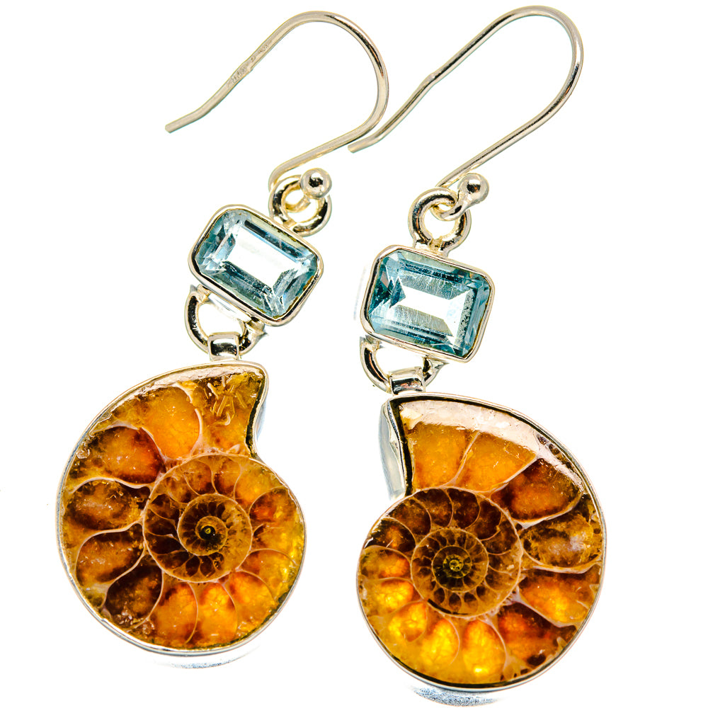 Ammonite Fossil, Blue Topaz Earrings handcrafted by Anasilvercos - EARR424704 - Photo 2
