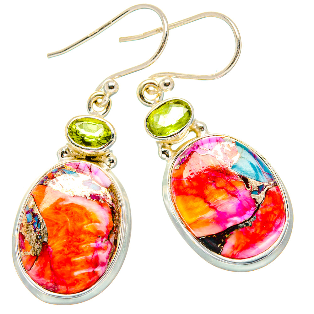 Kingman Pink Dahlia Turquoise, Peridot Earrings handcrafted by Anasilvercos - EARR430341 - Photo 2