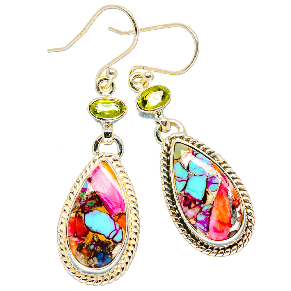 Kingman Pink Dahlia Turquoise, Peridot Earrings handcrafted by Anasilvercos - EARR430350 - Photo 2