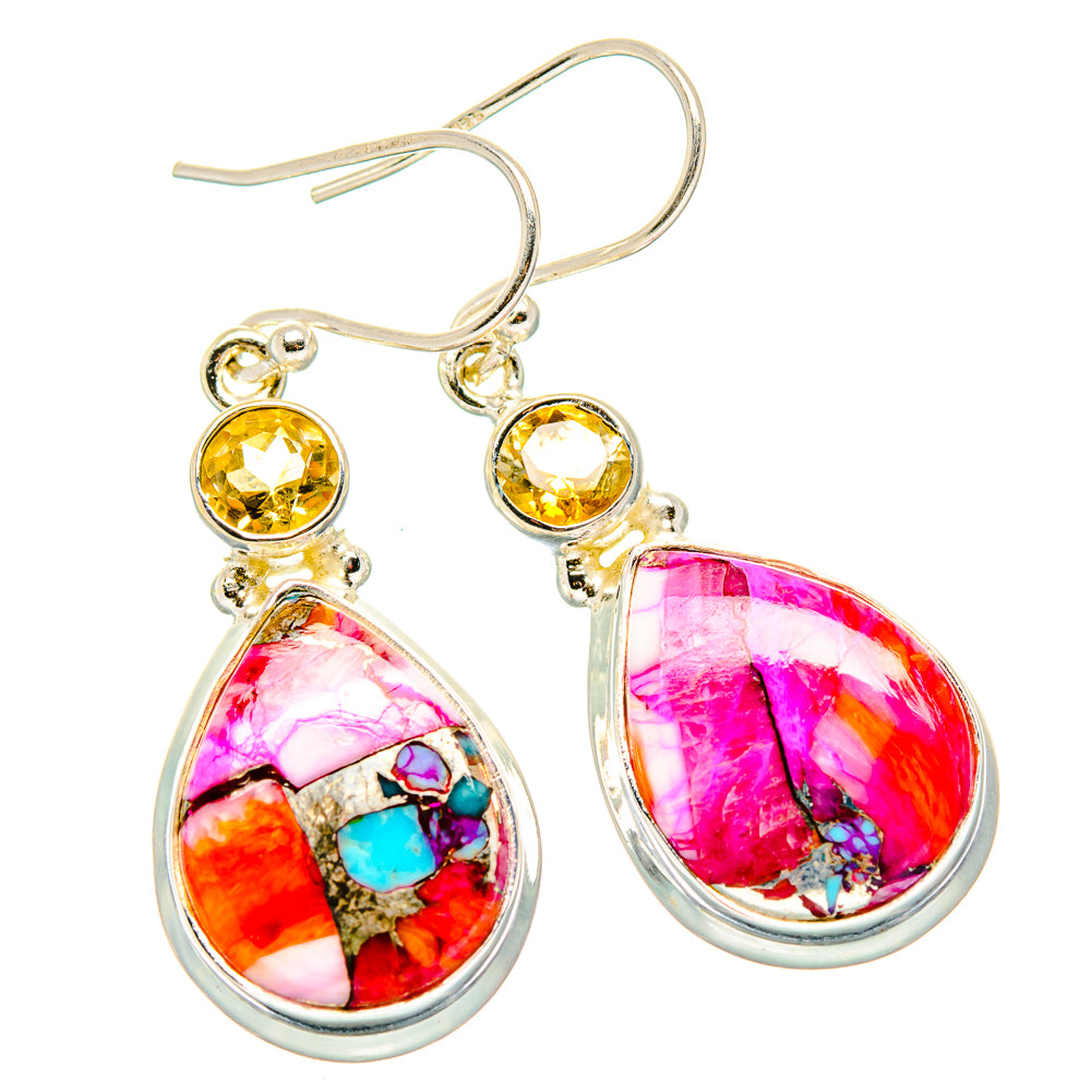 Kingman Pink Dahlia Turquoise, Citrine Earrings handcrafted by Anasilvercos - EARR430402 - Photo 2