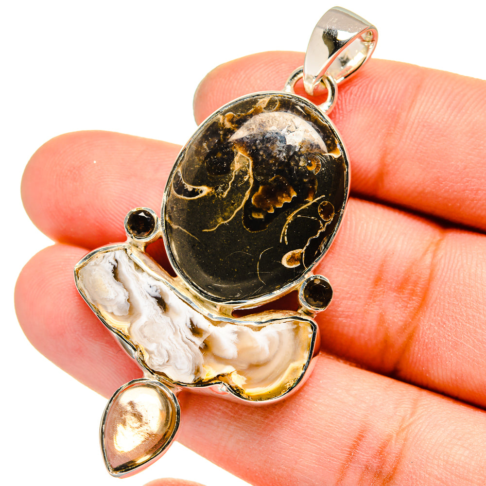 Turritella Agate, Mother Of Pearl, Smoky Quartz Pendants handcrafted by Anasilvercos - PD13528