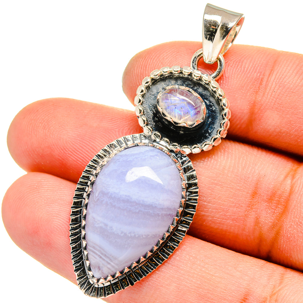 Blue Lace Agate, Rainbow Moonstone Pendants handcrafted by Anasilvercos - PD13548