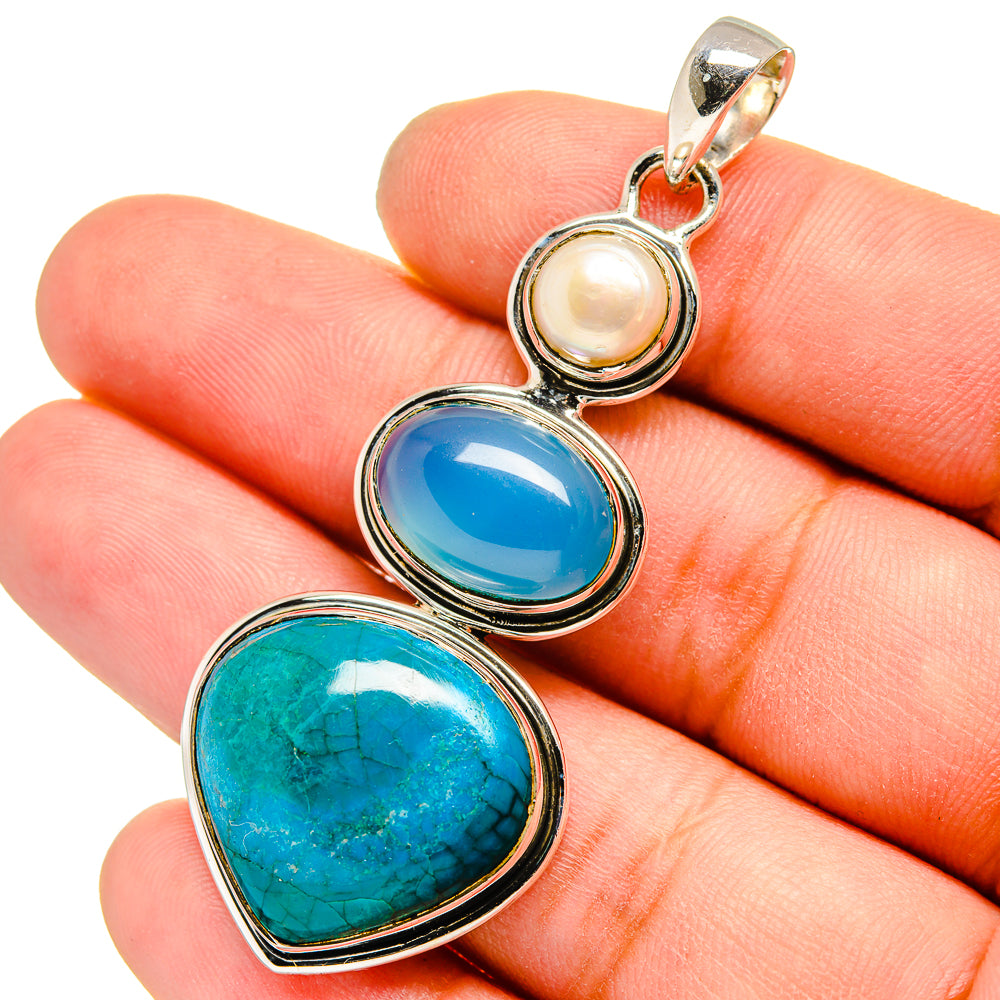 Chrysocolla, Aqua Chalcedony, Cultured Pearl Pendants handcrafted by Anasilvercos - PD13570