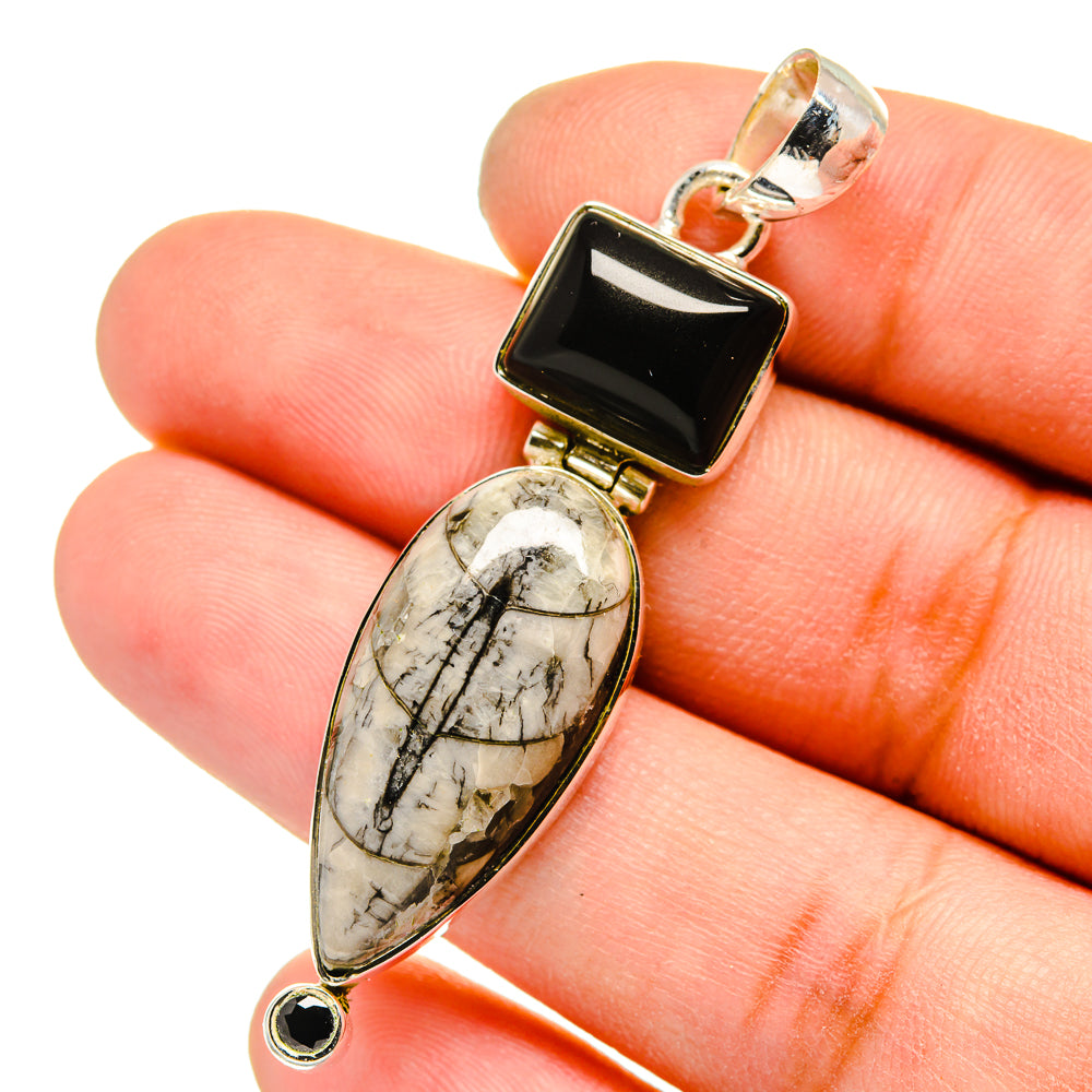 Orthoceras Fossil, Black Onyx Pendants handcrafted by Anasilvercos - PD13613