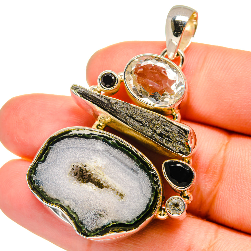 Coconut Geode Slice, White Quartz, Black Tourmaline, Black Onyx Pendants handcrafted by Anasilvercos - PD13623