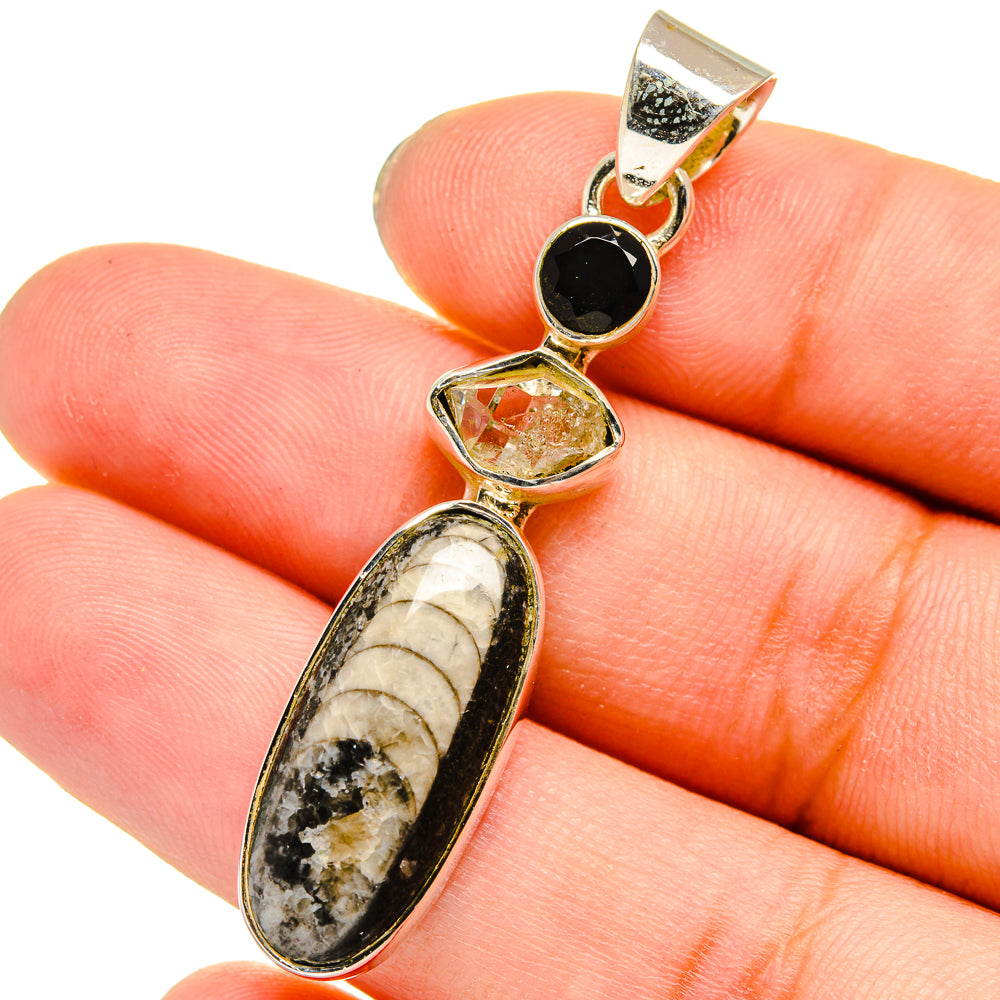 Orthoceras Fossil, Herkimer Diamond, Black Onyx Pendants handcrafted by Anasilvercos - PD13661