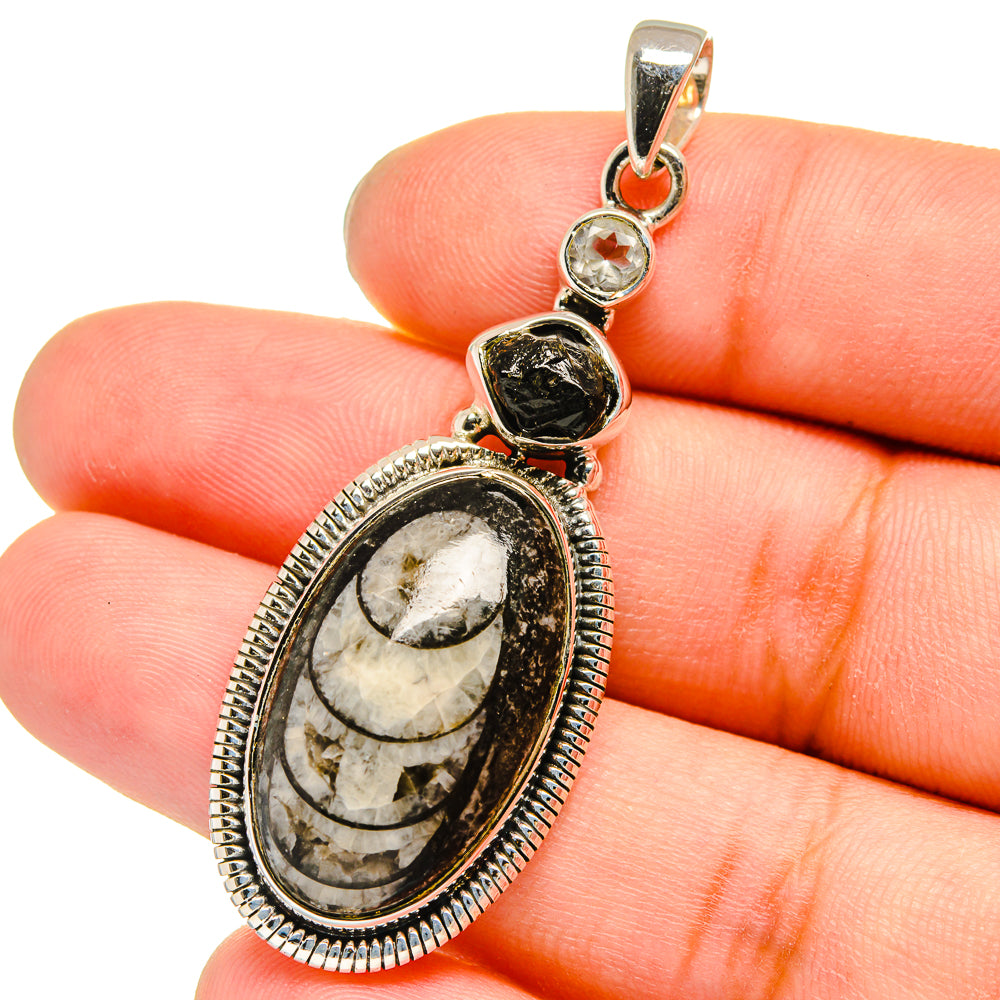 Orthoceras Fossil, Black Tourmaline, Blue Topaz Pendants handcrafted by Anasilvercos - PD13683