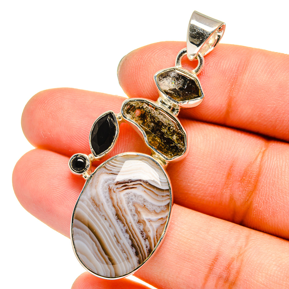 Botswana Agate, Herkimer Diamond, Black Onyx Pendants handcrafted by Anasilvercos - PD13717