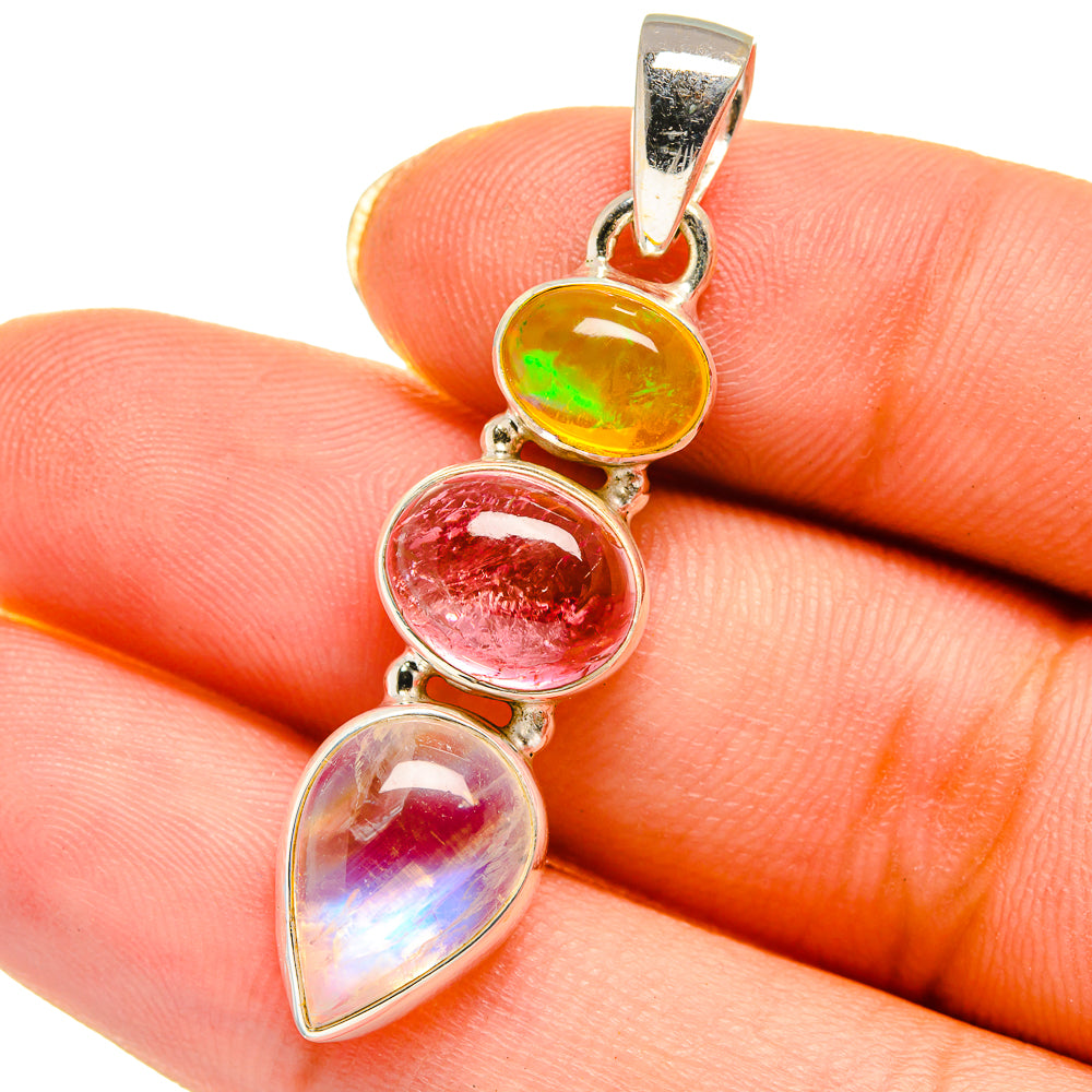 Rainbow Moonstone, Pink Tourmaline, Ethiopian Opal Pendants handcrafted by Anasilvercos - PD14096
