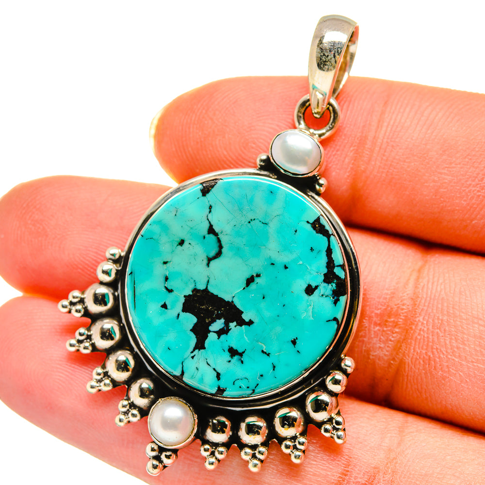 Tibetan Turquoise, Cultured Pearl Pendants handcrafted by Anasilvercos - PD14250