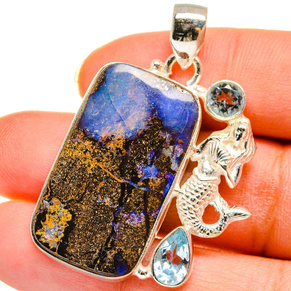 Mexican Fire Opal, Blue Topaz Pendants handcrafted by Anasilvercos - PD14267