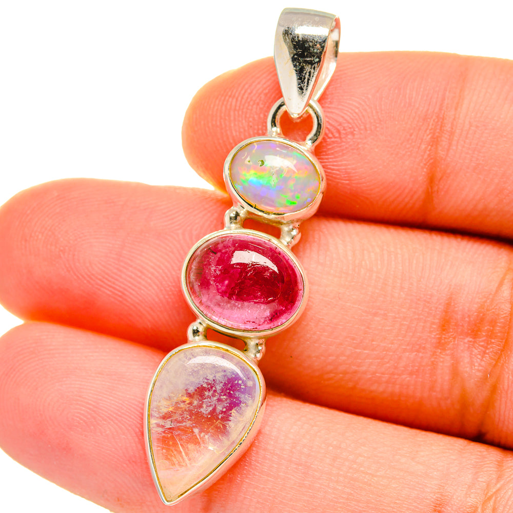 Rainbow Moonstone, Pink Tourmaline, Ethiopian Opal Pendants handcrafted by Anasilvercos - PD14741