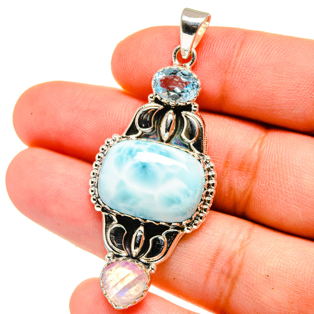 Larimar, Rainbow Moonstone, Blue Topaz Pendants handcrafted by Anasilvercos - PD15347