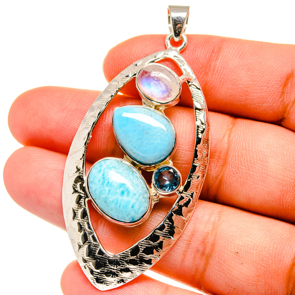 Larimar, Rainbow Moonstone, Blue Topaz Pendants handcrafted by Anasilvercos - PD15380