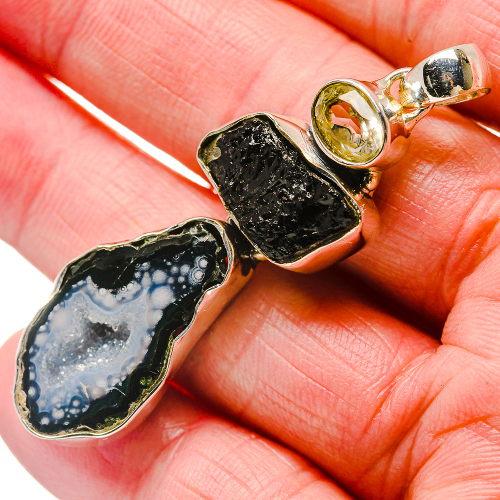 Coconut Geode Druzy, Black Tourmaline, White Quartz Pendants handcrafted by Anasilvercos - PD18298