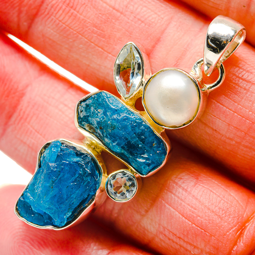 Apatite, Blue Topaz, Cultured Pearl Pendants handcrafted by Anasilvercos - PD18307