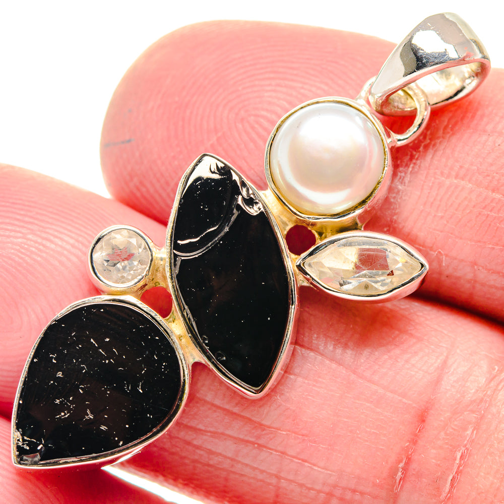 Shungite, White Quartz, Cultured Pearl Pendants handcrafted by Anasilvercos - PD18651