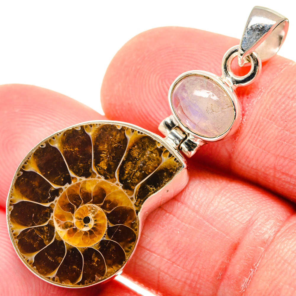 Ammonite Fossil, Rainbow Moonstone Pendants handcrafted by Anasilvercos - PD21754