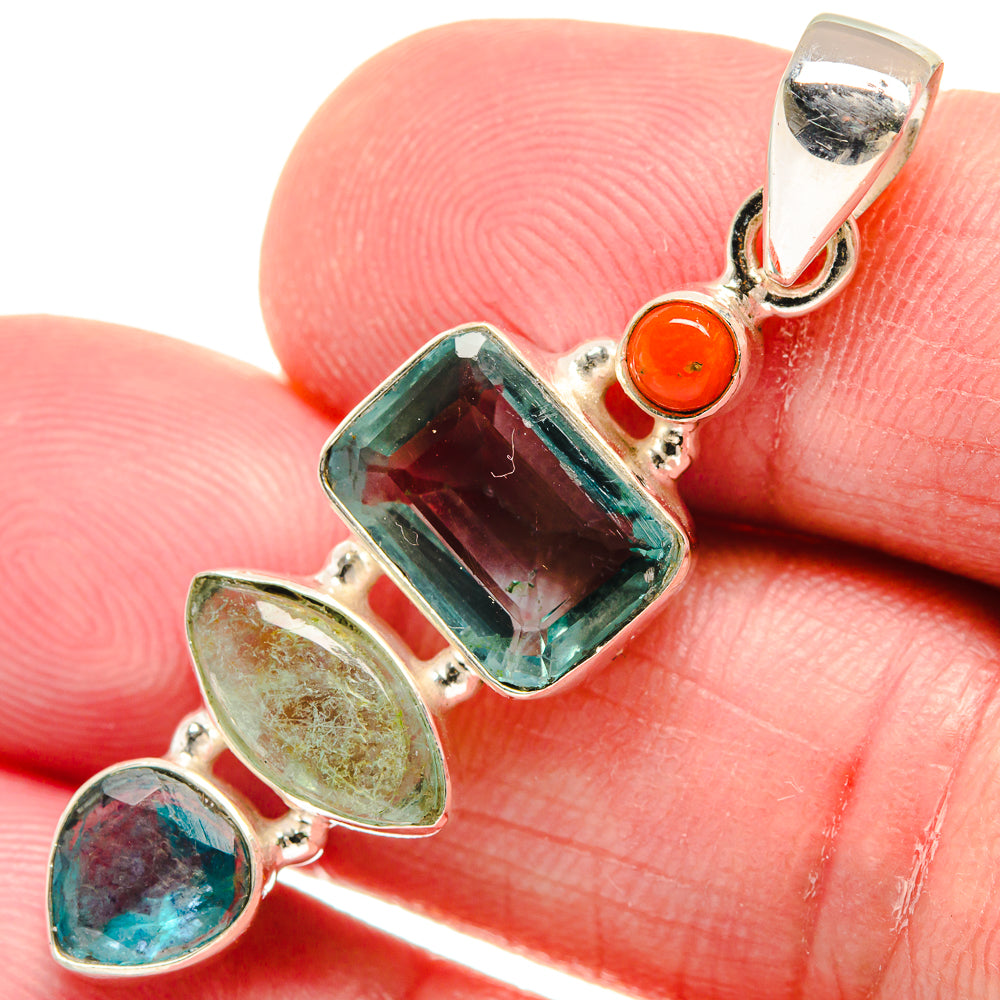 Blue Topaz, Prehnite, Red Coral Pendants handcrafted by Anasilvercos - PD21845