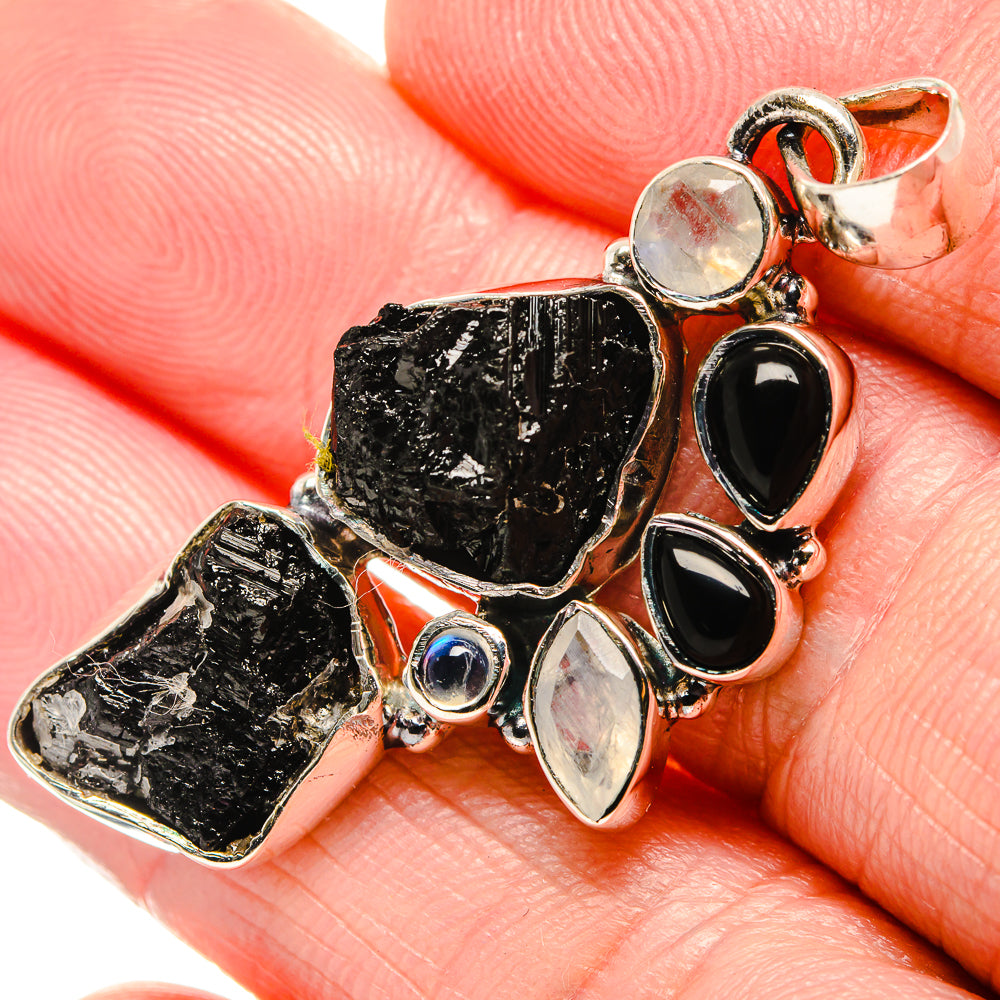 Black Tourmaline, Rainbow Moonstone Pendants handcrafted by Anasilvercos - PD36385
