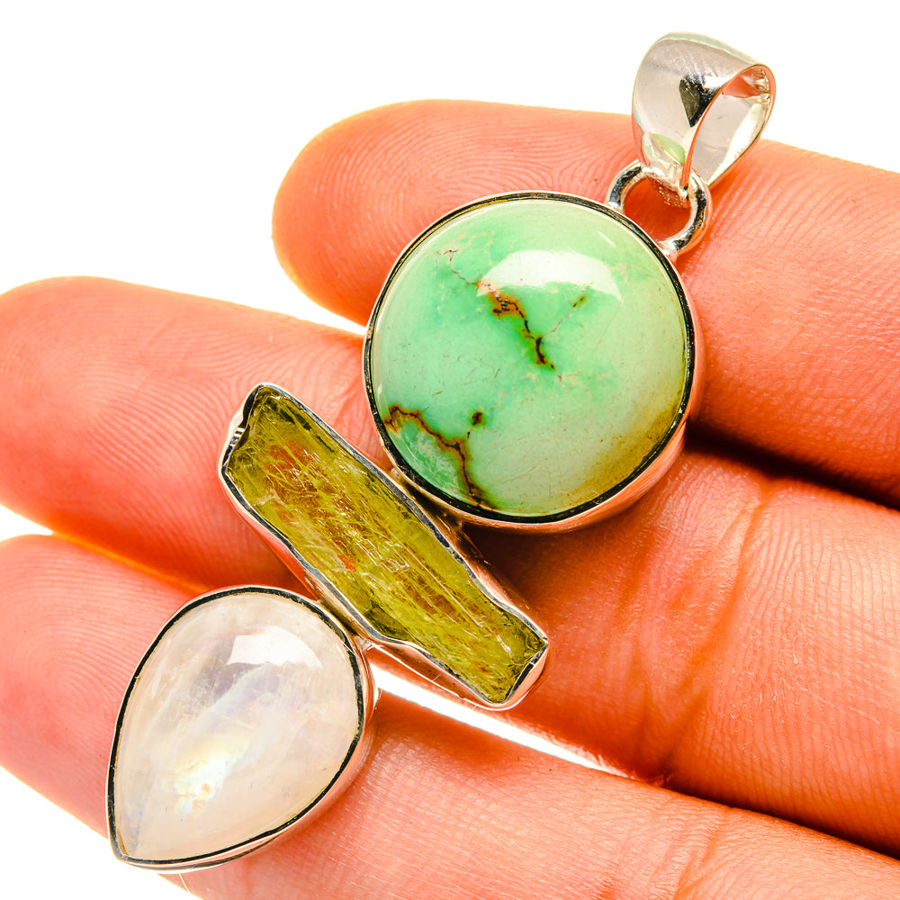 Tibetan Turquoise, Rainbow Moonstone, Green Tourmaline Pendants handcrafted by Anasilvercos - PD4327