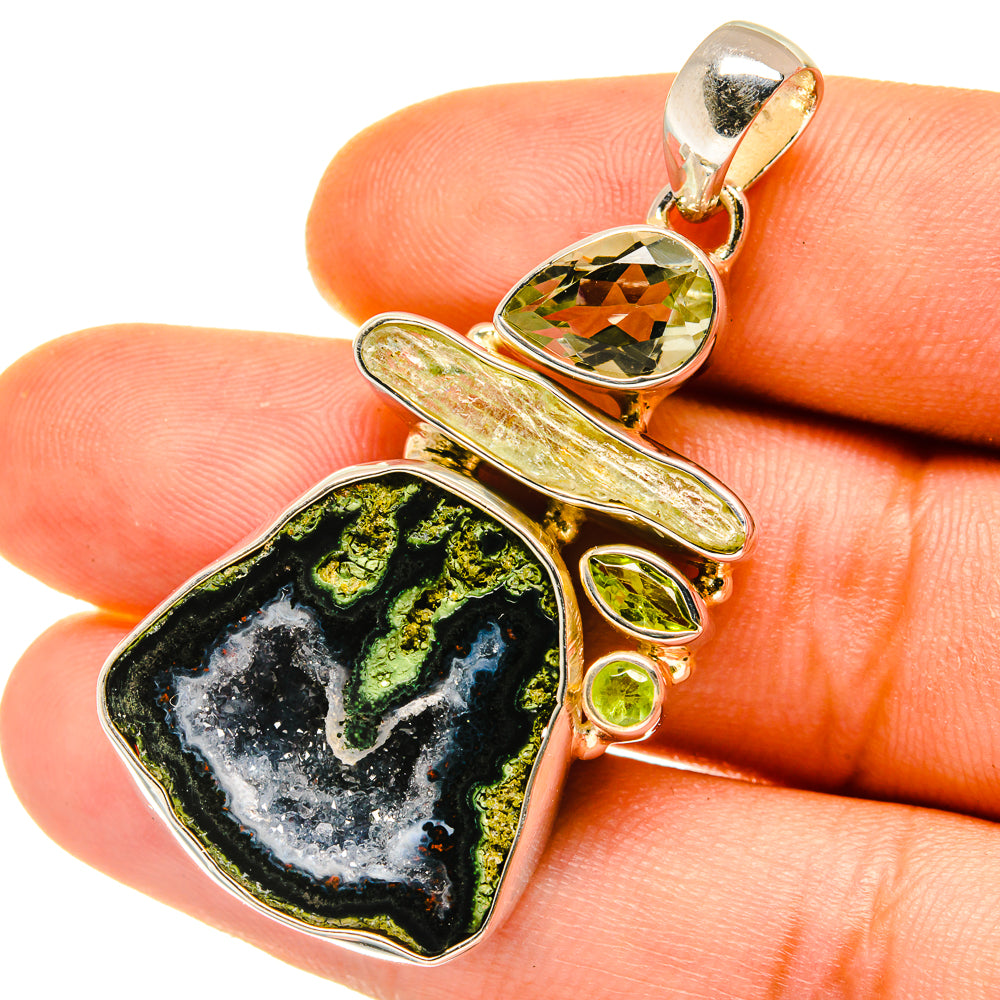 Coconut Geode Slice, Green Tourmaline, Green Amethyst, Peridot Pendants handcrafted by Anasilvercos - PD4338