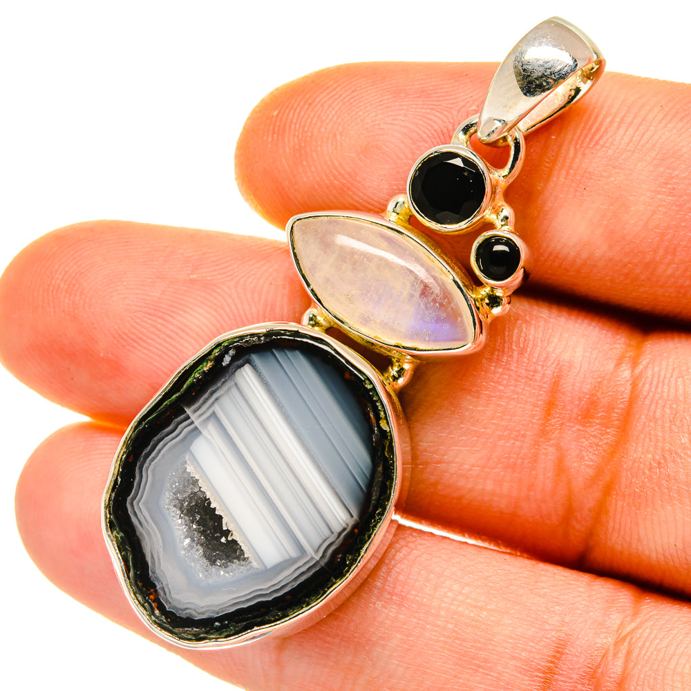 Coconut Geode Slice, Rainbow Moonstone, Black Onyx Pendants handcrafted by Anasilvercos - PD4339