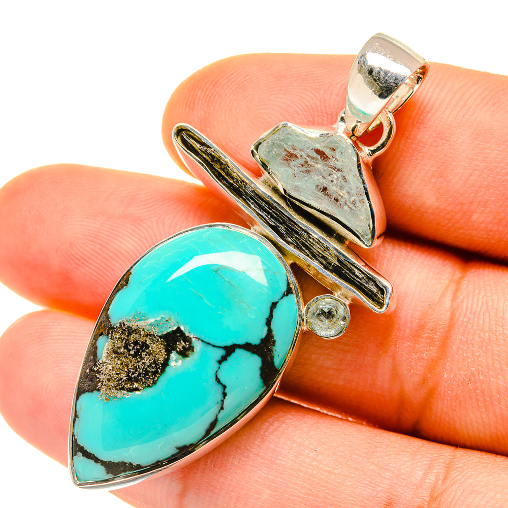 Tibetan Turquoise, Aquamarine, Green Tourmaline Pendants handcrafted by Anasilvercos - PD4453