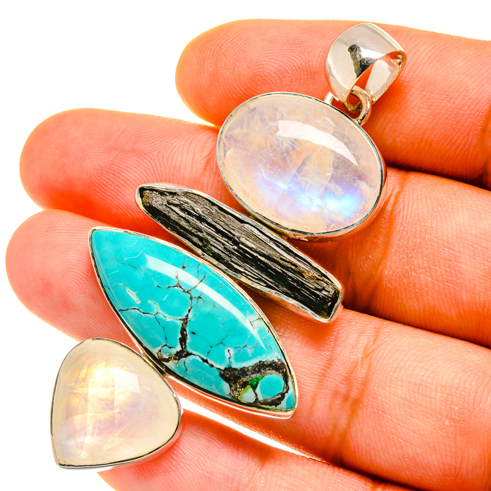 Tibetan Turquoise, Rainbow Moonstone, Green Tourmaline Pendants handcrafted by Anasilvercos - PD4454