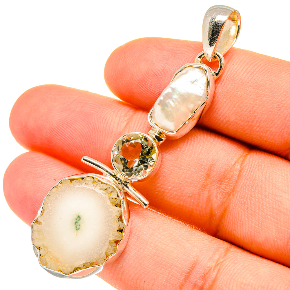 White Solar Quartz, Mother Of Pearl, Green Amethyst Pendants handcrafted by Anasilvercos - PD6889