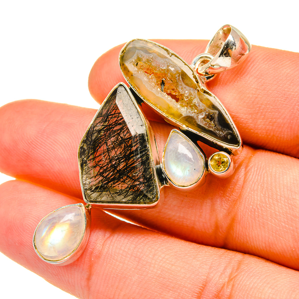 Tourmalinated Quartz, Coconut Geode Slice, Rainbow Moonstone, Citrine Pendants handcrafted by Anasilvercos - PD6930