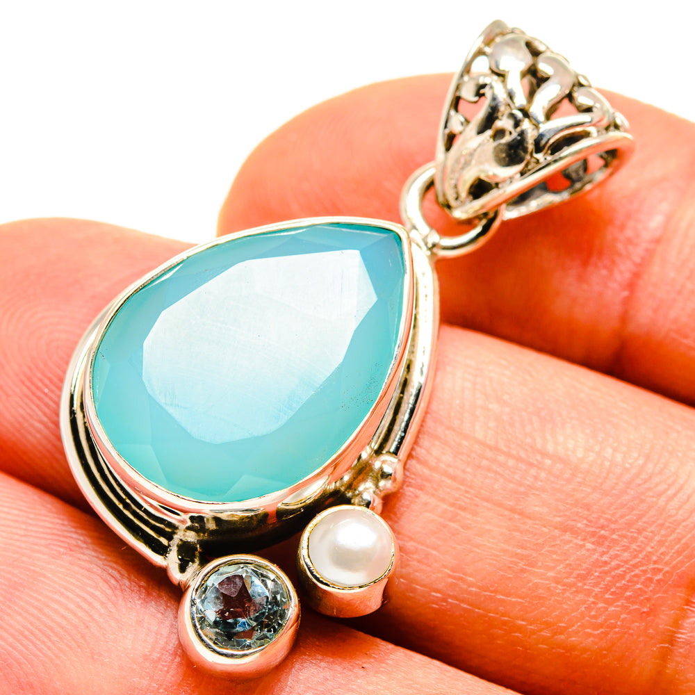 Aqua Chalcedony, Blue Topaz, Cultured Pearl Pendants handcrafted by Anasilvercos - PD757790