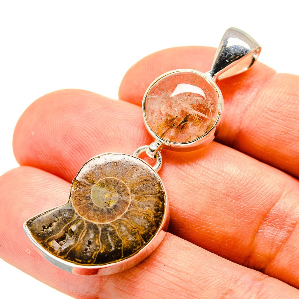 Ammonite Fossil, Rutilated Quartz Pendants handcrafted by Anasilvercos - PD758734